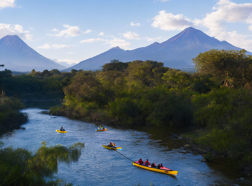 Kayakers on winding river with majestic volcanoes and lush greenery