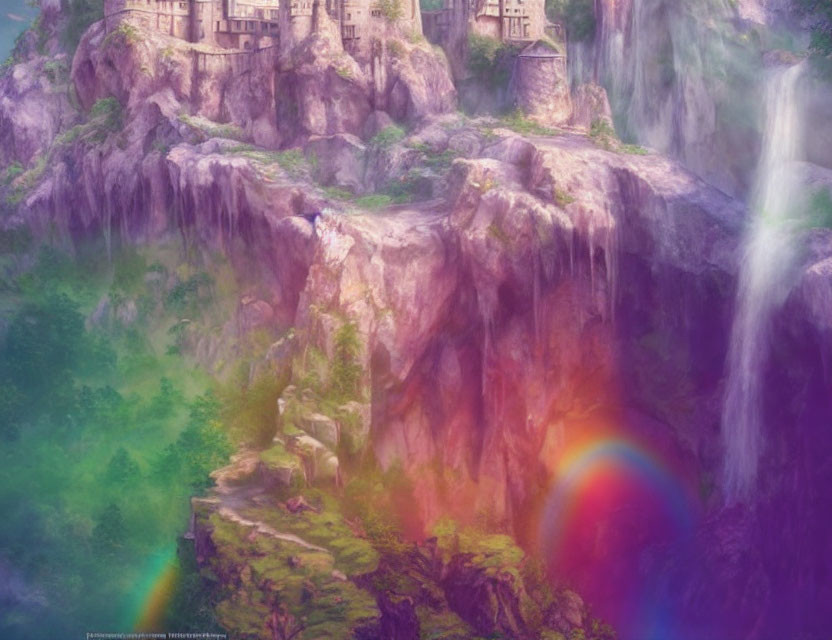 Mystical landscape with waterfalls, rainbow, greenery, and ancient structures