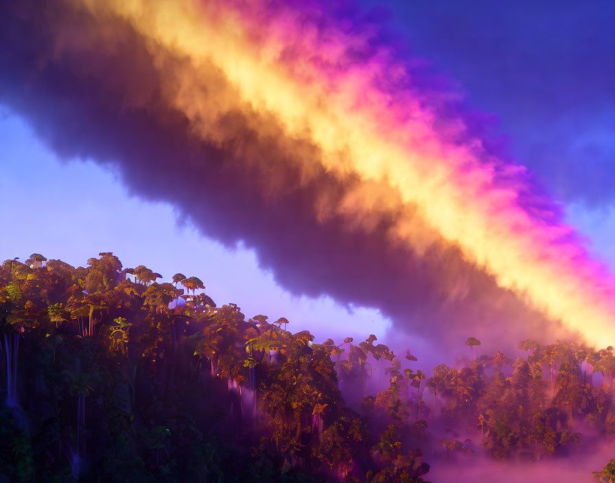 Vivid Purple and Yellow Sky Over Misty Jungle