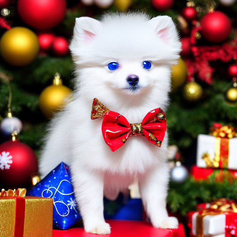 Adorable white fluffy puppy with red bow tie among Christmas decorations