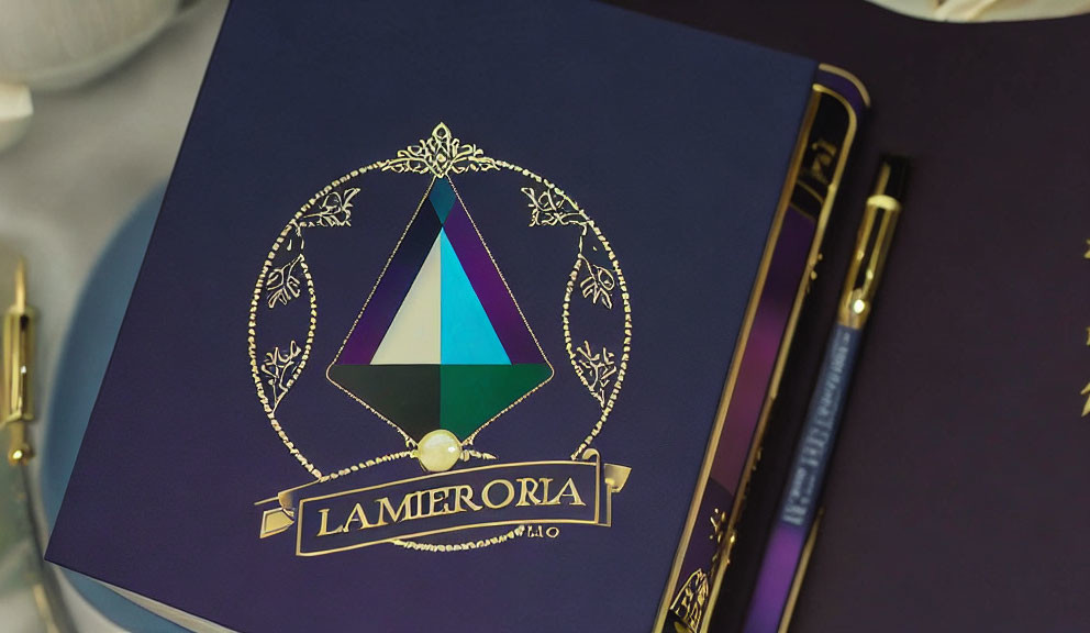 Navy Blue Book "LAMERORIA" with Gold Lettering and Emblem on Table with Pens