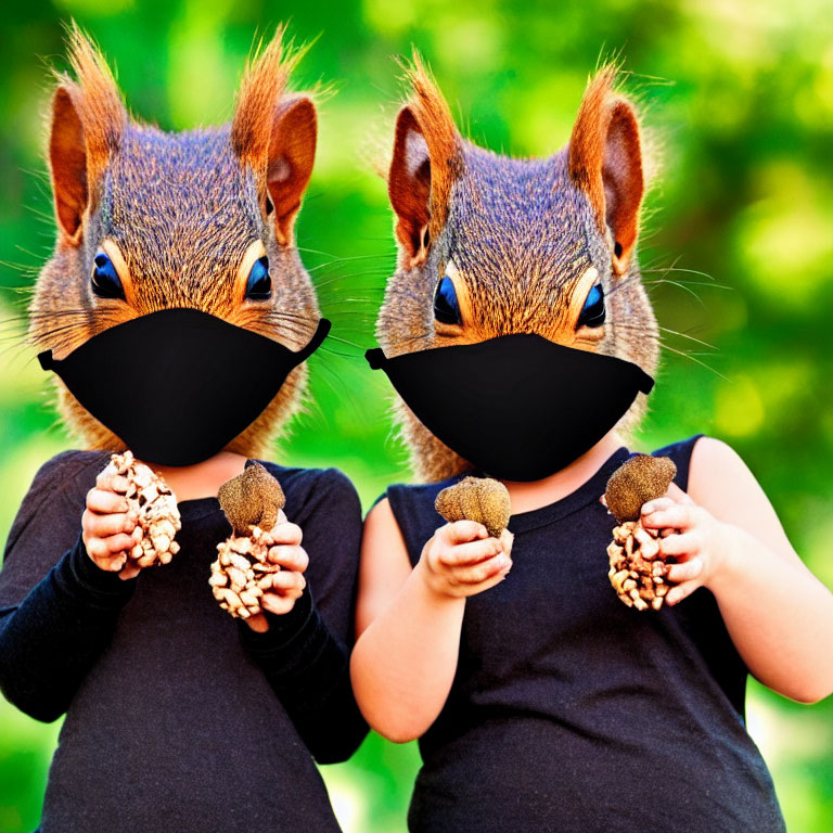 Squirrel-headed figures in black masks holding pine cones on green backdrop