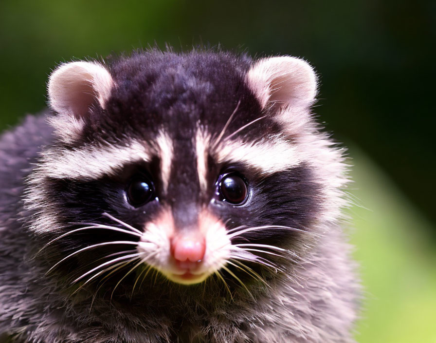 Ferret with black and white face and pink nose on green background