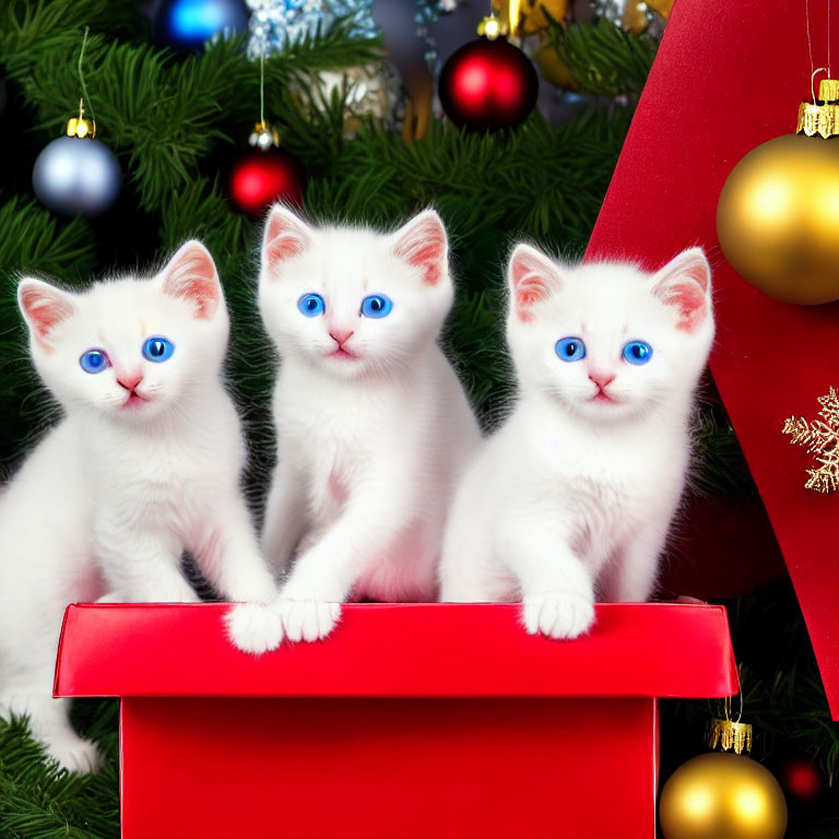 White kittens with blue eyes in red Christmas box with festive decorations