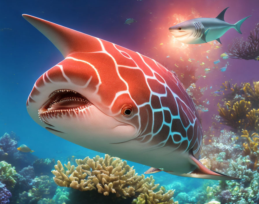 Digital illustration: Shark with giraffe pattern in coral reef.