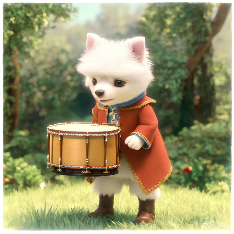 White Dog in Red Coat Playing Snare Drum Outdoors