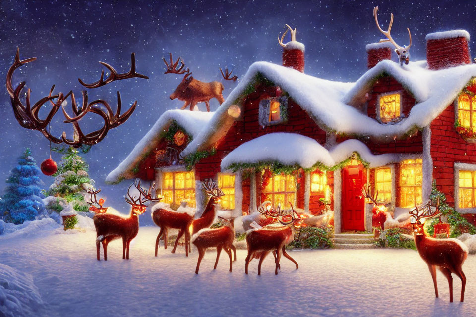 Snow-covered cottage with reindeer and Christmas decorations under starry sky