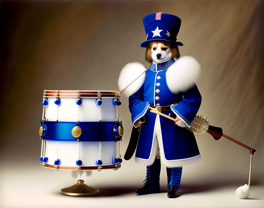 Patriotic dog drummer in blue costume with drumsticks on tan background