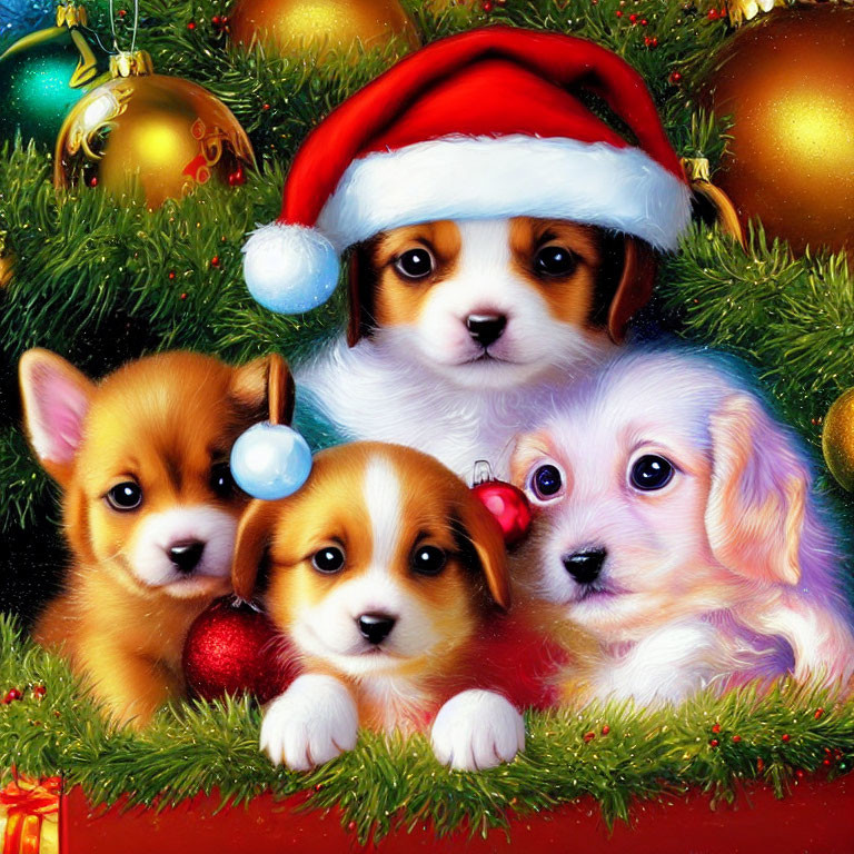 Four Santa hat-wearing puppies in festive Christmas setting