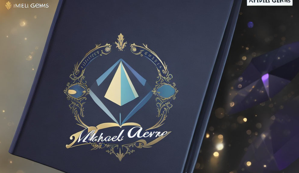 Luxurious Blue Book Cover with Gold Emblem and Gemstones on Dark Background