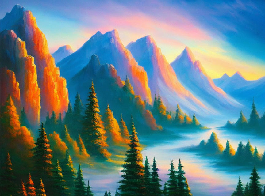 Colorful Mountain Landscape Painting with Misty Valleys and Pine Trees