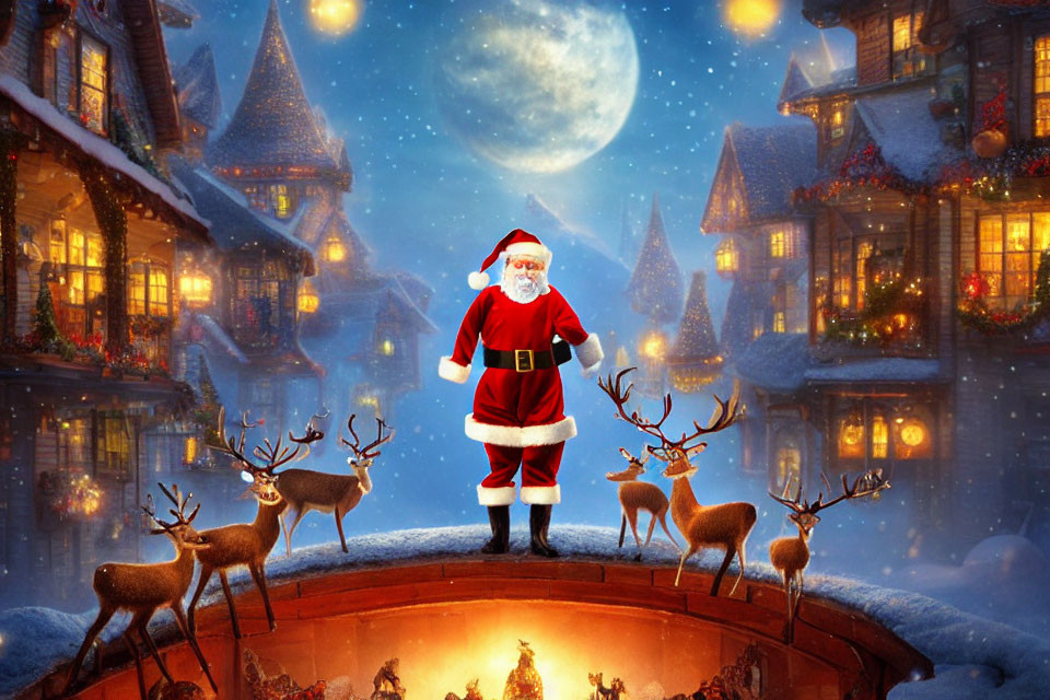 Santa Claus on Rooftop with Reindeer in Snowy Village