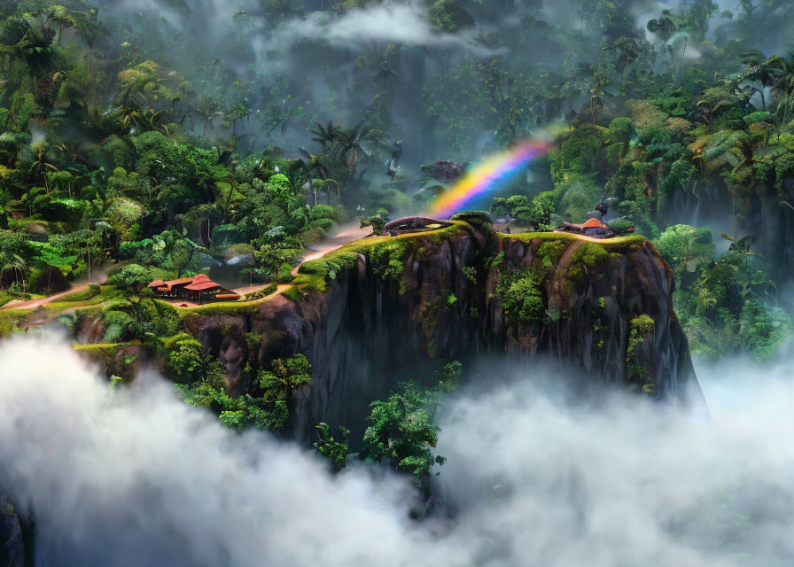 Misty tropical landscape with waterfall, rainbow bridge, and floating clouds