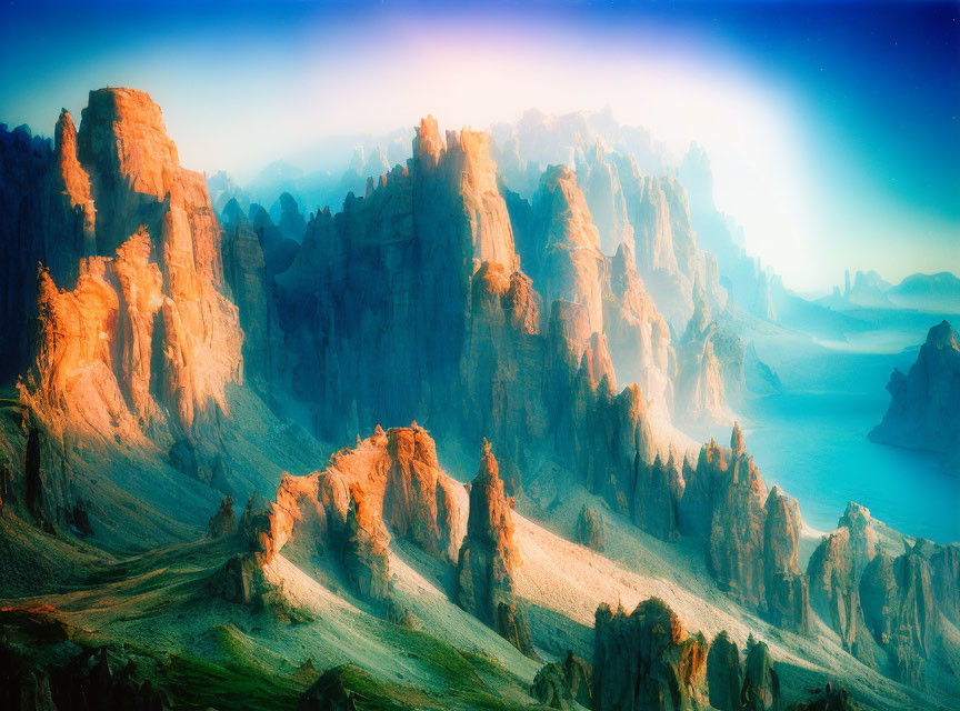 Majestic rocky peaks under gradient blue sky in surreal landscape