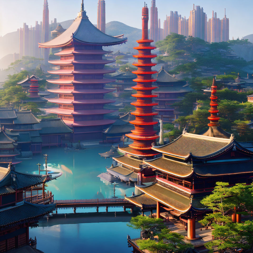 Traditional Asian cityscape with pagoda-style buildings, blue waters, greenery, and modern skyscrap