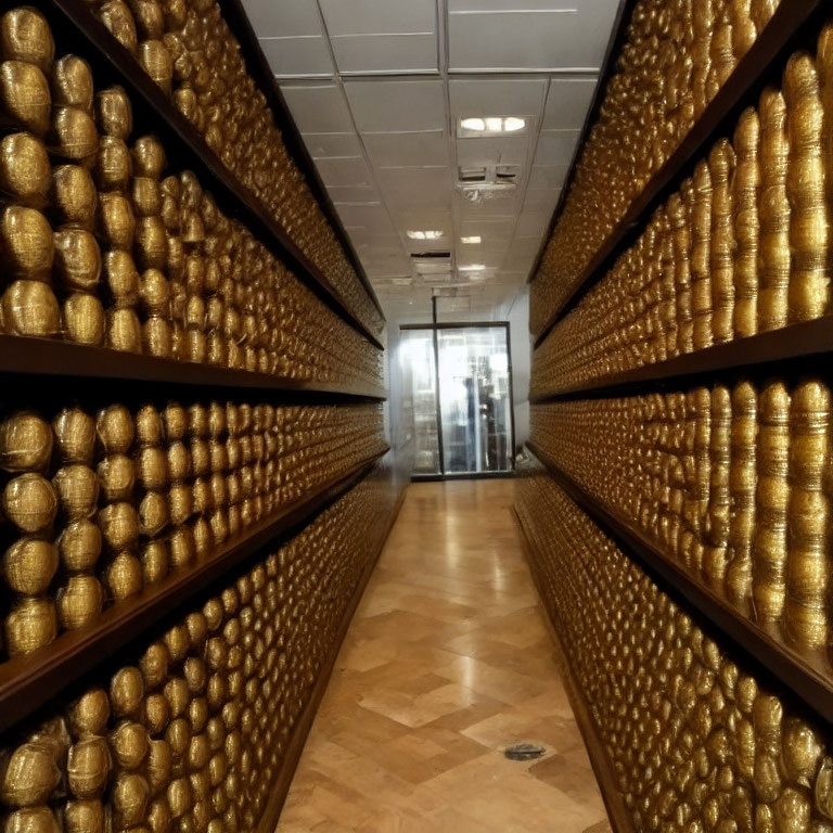 Golden Spheres Fill Shelves in Corridor with Glass Door