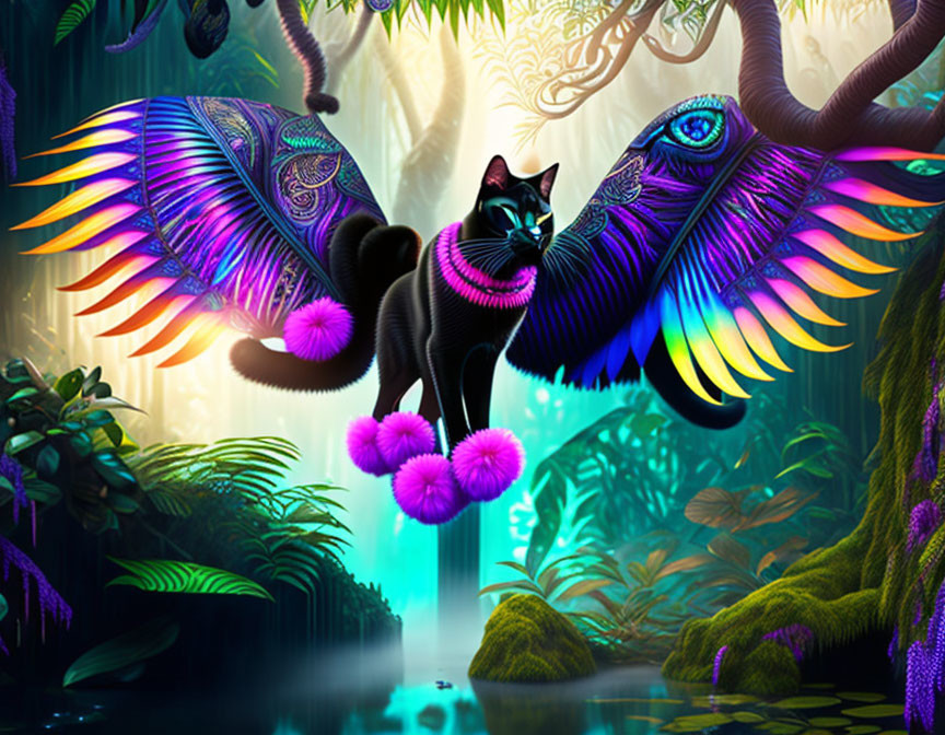 Fantastical black cat with vibrant peacock-like wings in enchanted forest