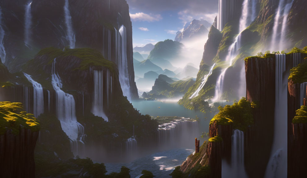 Mystical landscape with waterfalls, mountains, and river