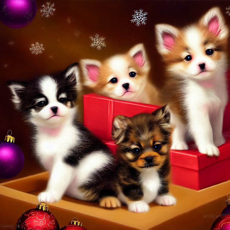 Four puppies in gift boxes surrounded by festive decorations.