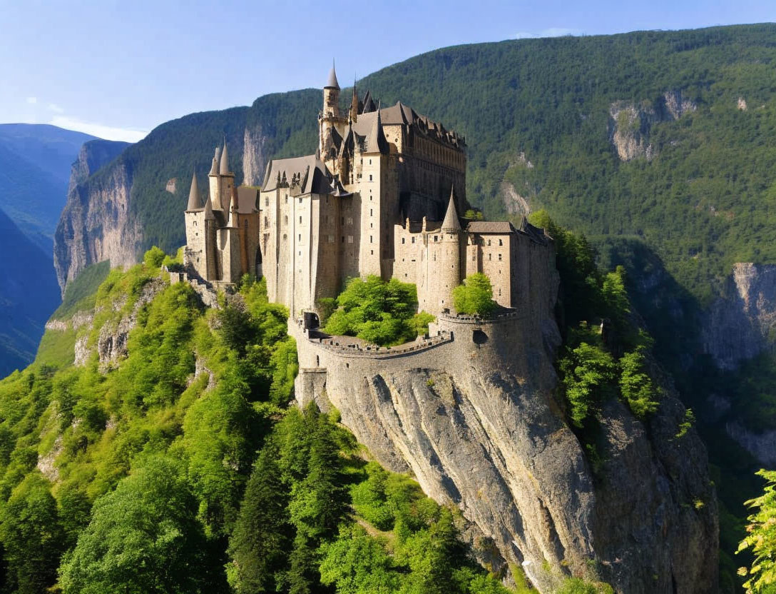 Majestic castle on lush cliff with mountain backdrop