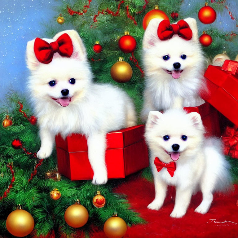 Fluffy White Dogs with Red Bows by Christmas Tree and Gifts