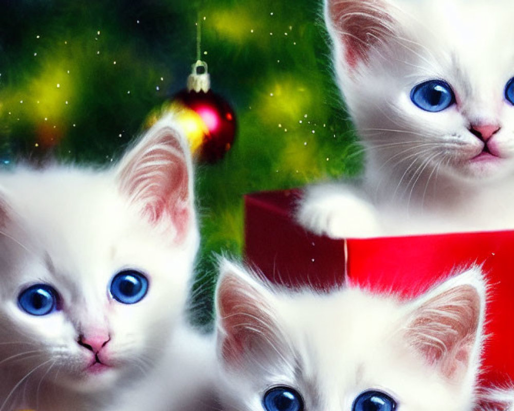 Adorable white kittens in red gift box with Christmas decor