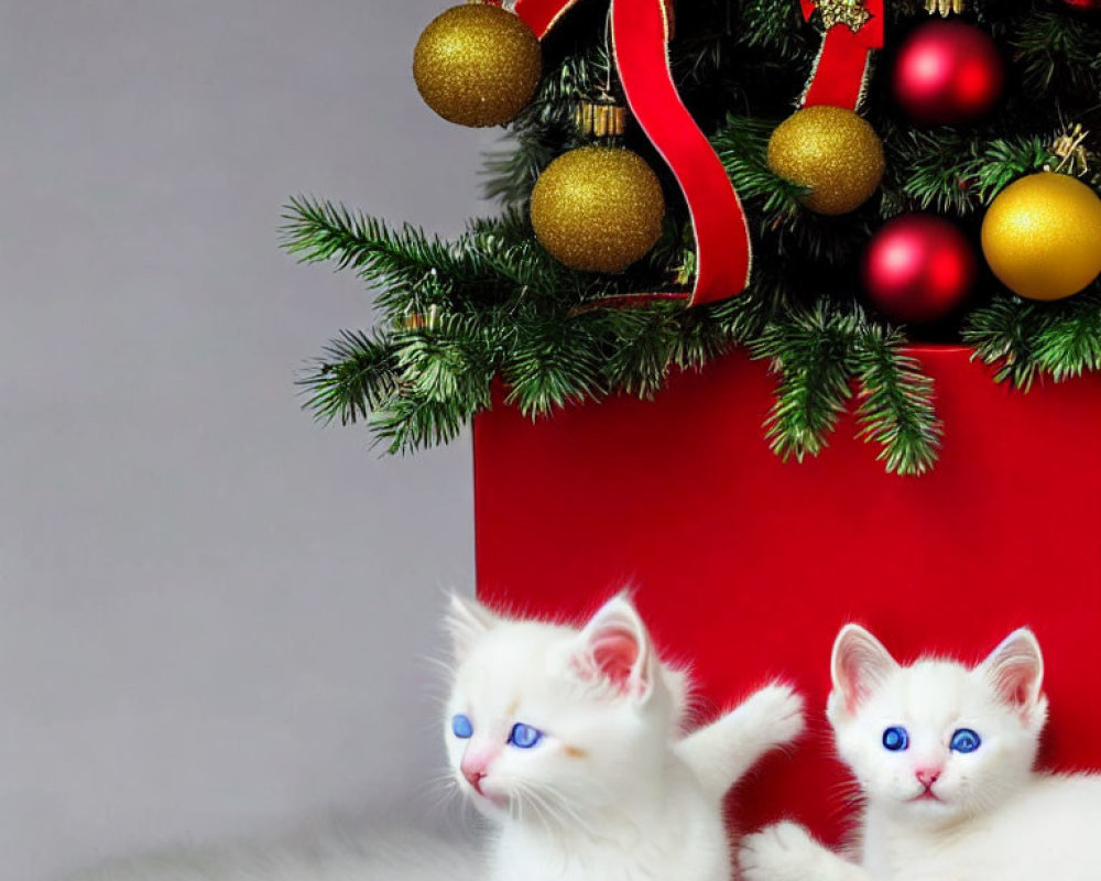 White kittens with blue eyes by Christmas tree with gold and red ornaments