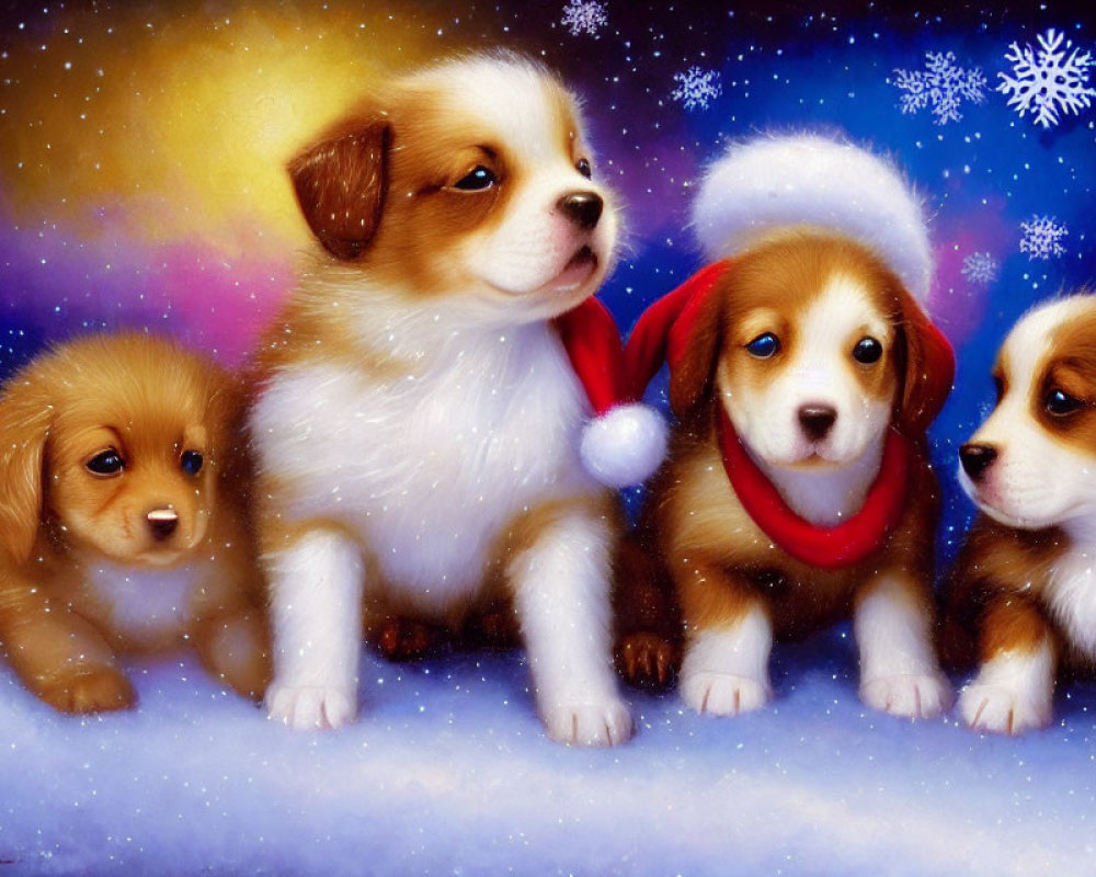 Four Cute Puppies in Santa Hat with Snowy Background