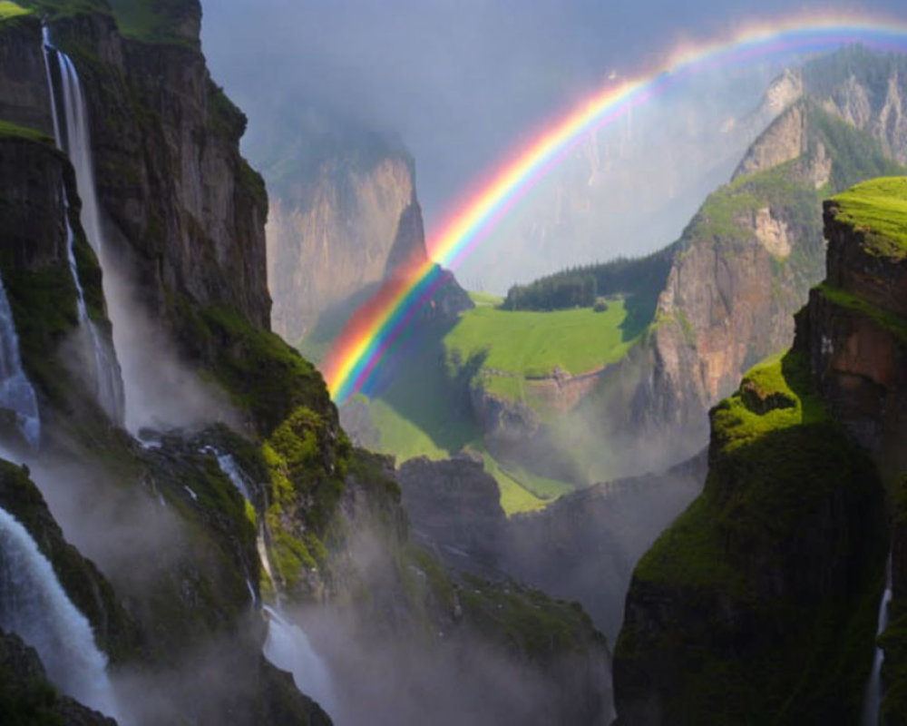 Scenic waterfall with lush greenery and rainbow