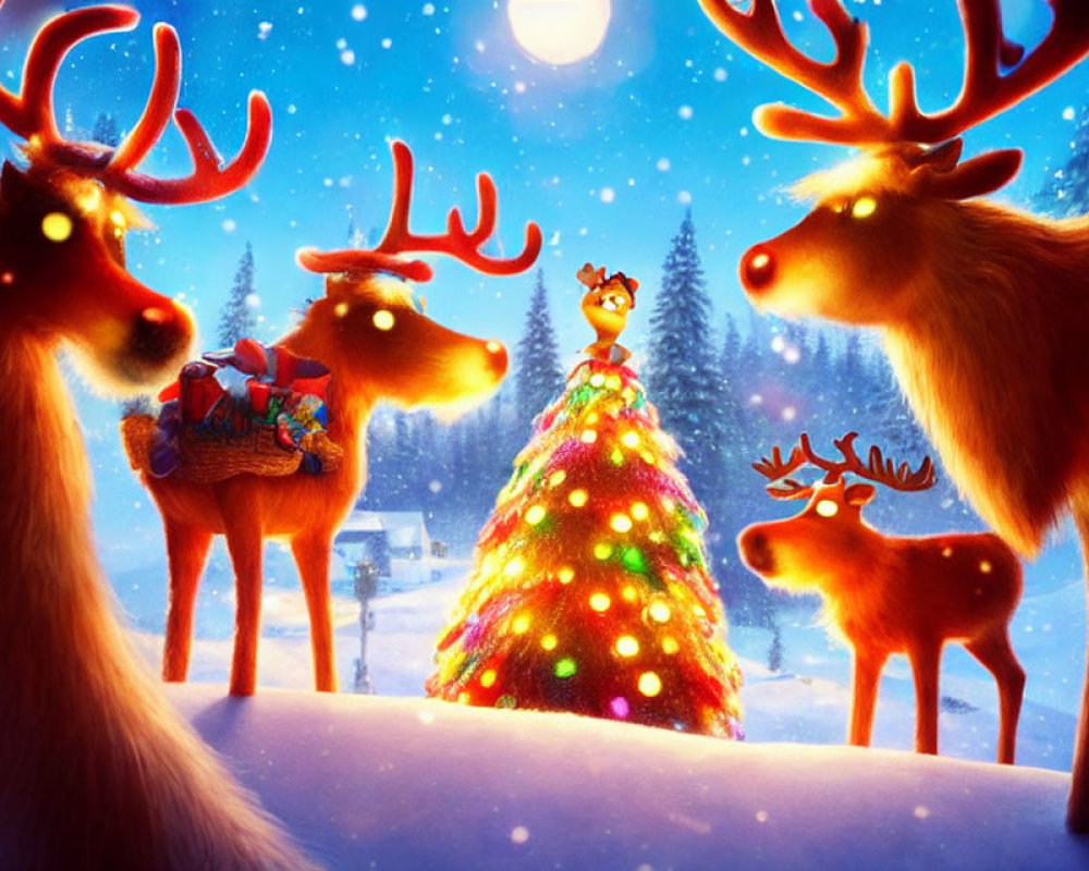 Animated reindeer around Christmas tree in snowfall night scene