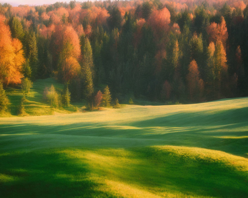 Tranquil landscape: sunlit hills & autumn forest.