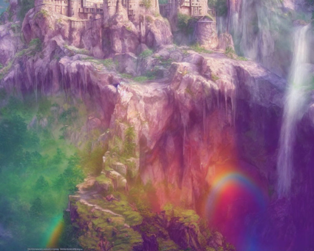 Mystical landscape with waterfalls, rainbow, greenery, and ancient structures