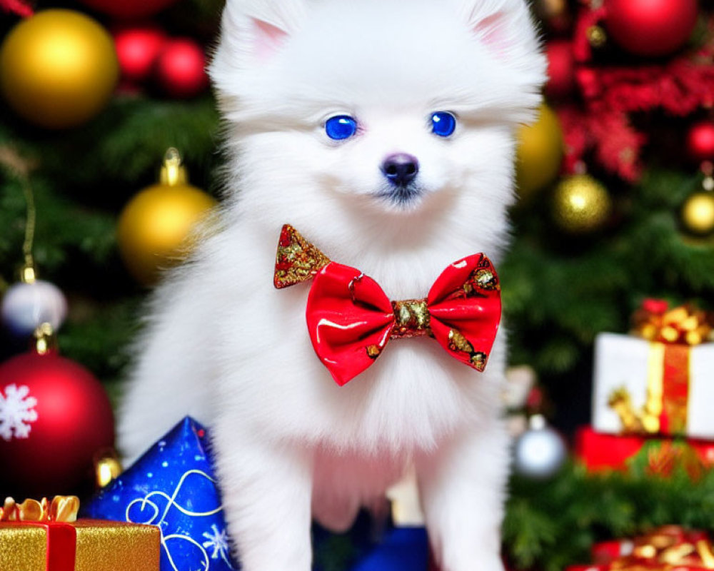 Adorable white fluffy puppy with red bow tie among Christmas decorations