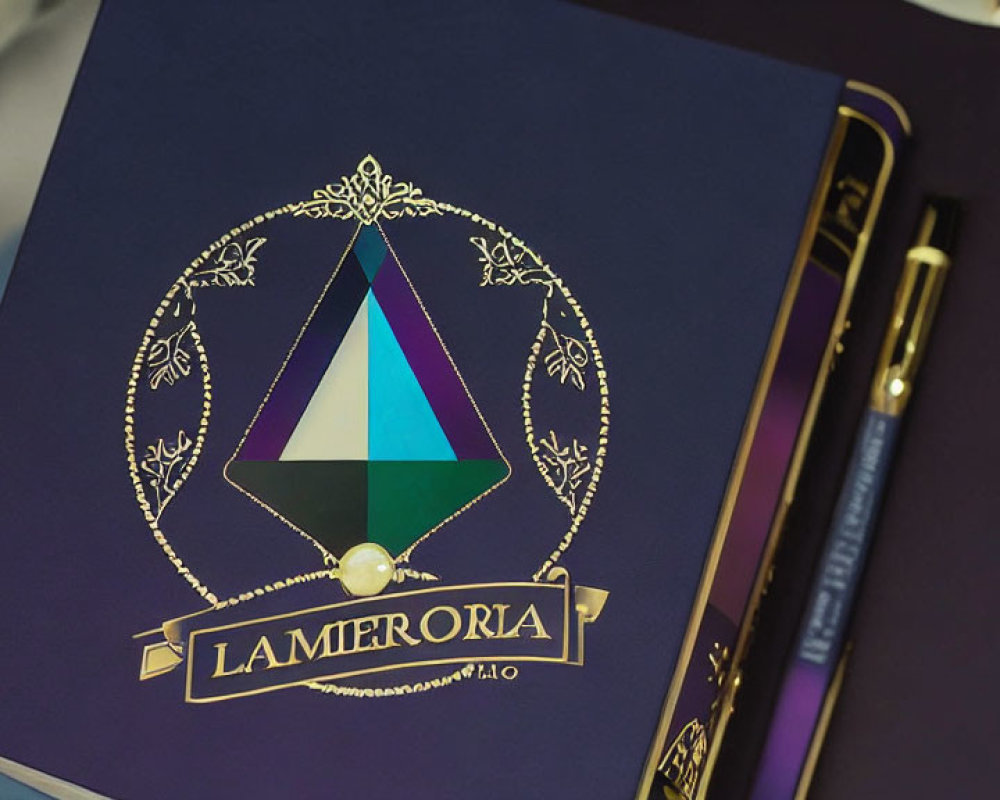 Navy Blue Book "LAMERORIA" with Gold Lettering and Emblem on Table with Pens