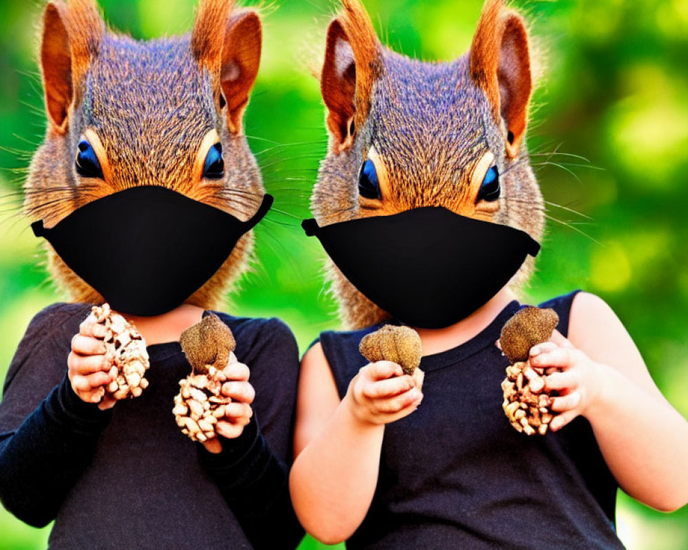 Squirrel-headed figures in black masks holding pine cones on green backdrop