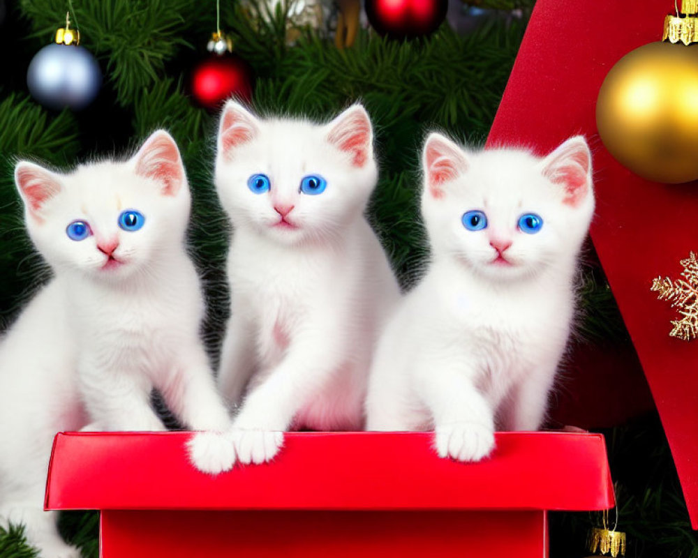 White kittens with blue eyes in red Christmas box with festive decorations