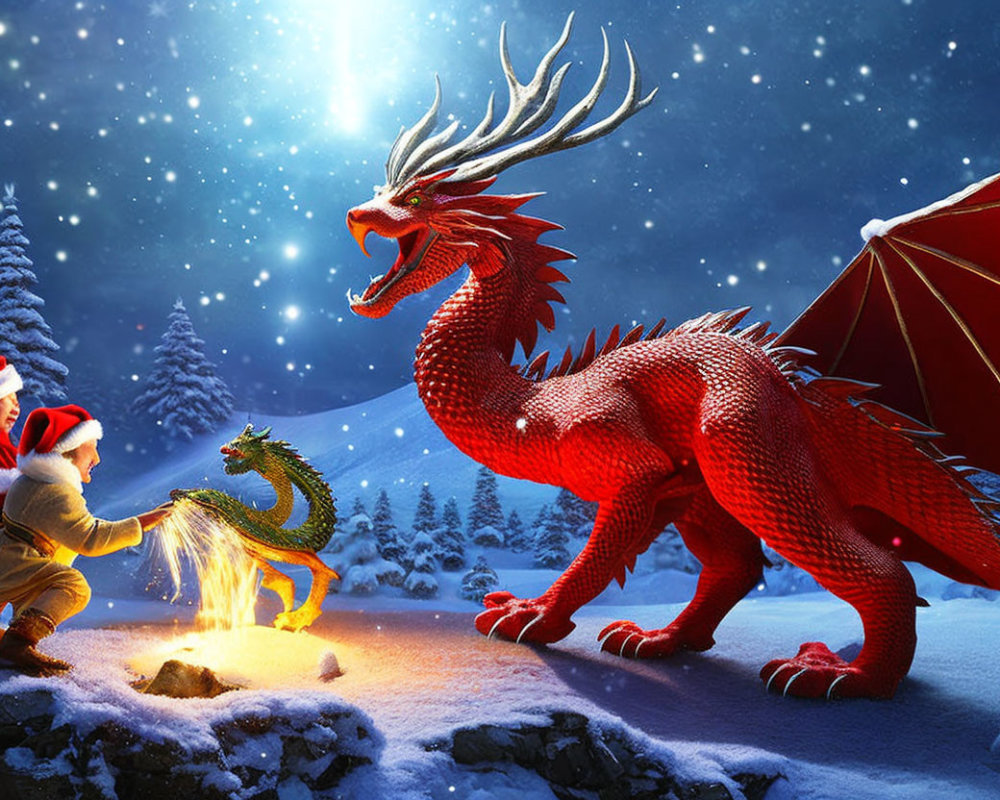 Santa Claus and red dragon in snowy forest with fiery gift under starry sky