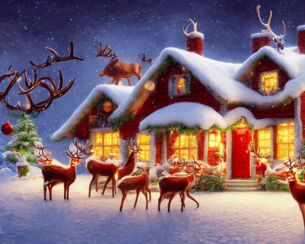 Snow-covered cottage with reindeer and Christmas decorations under starry sky