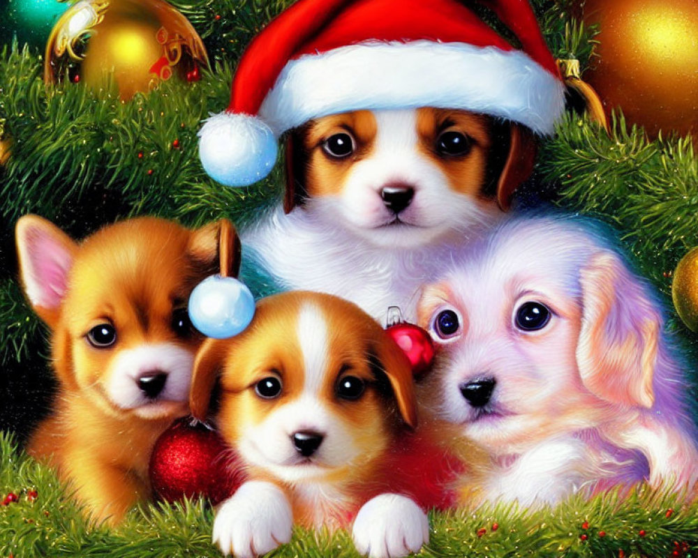 Four Santa hat-wearing puppies in festive Christmas setting