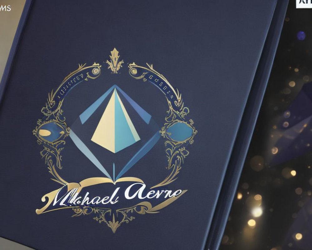 Luxurious Blue Book Cover with Gold Emblem and Gemstones on Dark Background