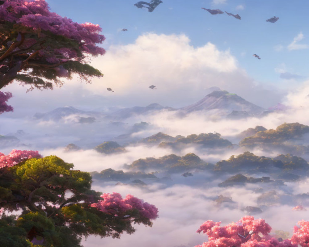 Fantasy landscape with pink blossom trees, floating islands, misty clouds, and distant mountain