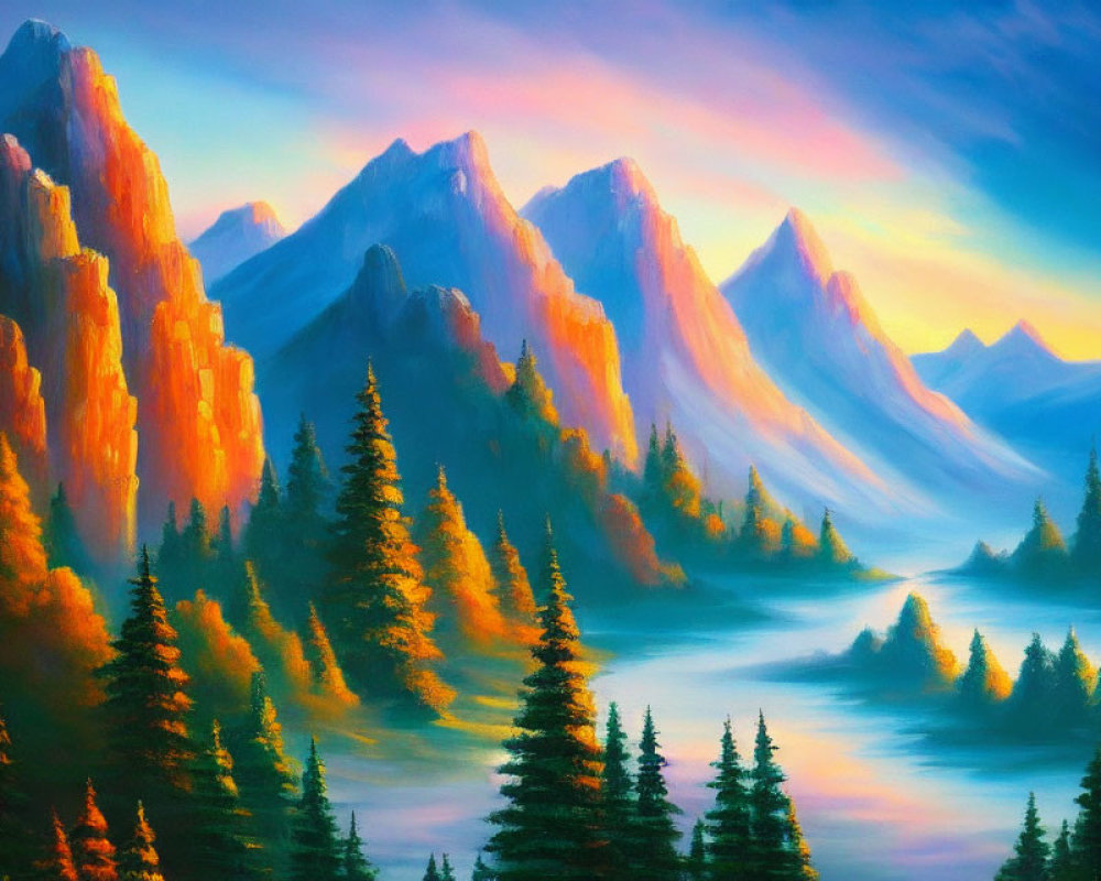 Colorful Mountain Landscape Painting with Misty Valleys and Pine Trees