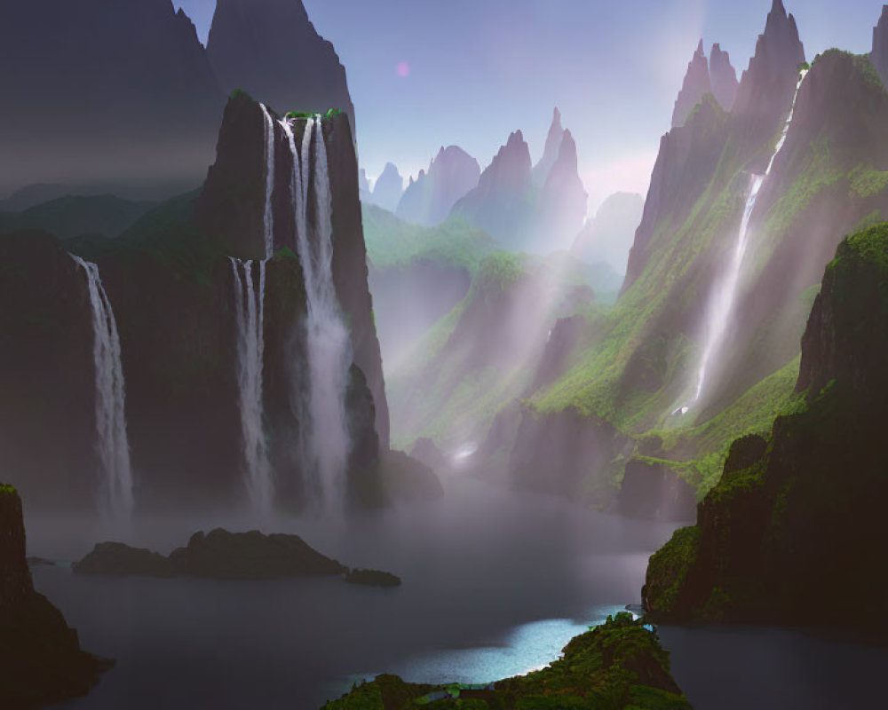 Mystical landscape with waterfalls, lake, greenery, cliffs, twilight sky