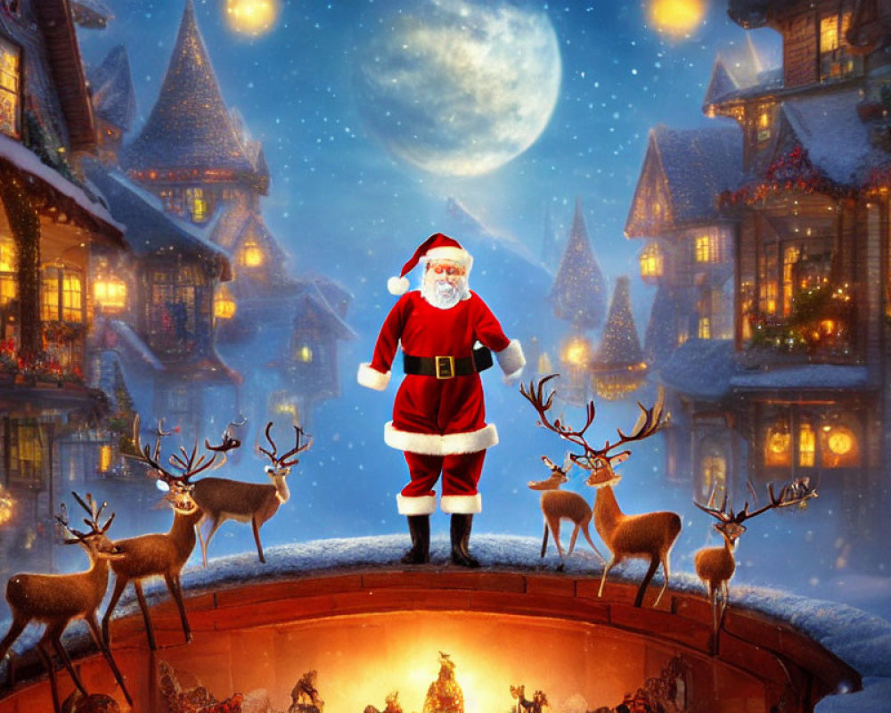 Santa Claus on Rooftop with Reindeer in Snowy Village