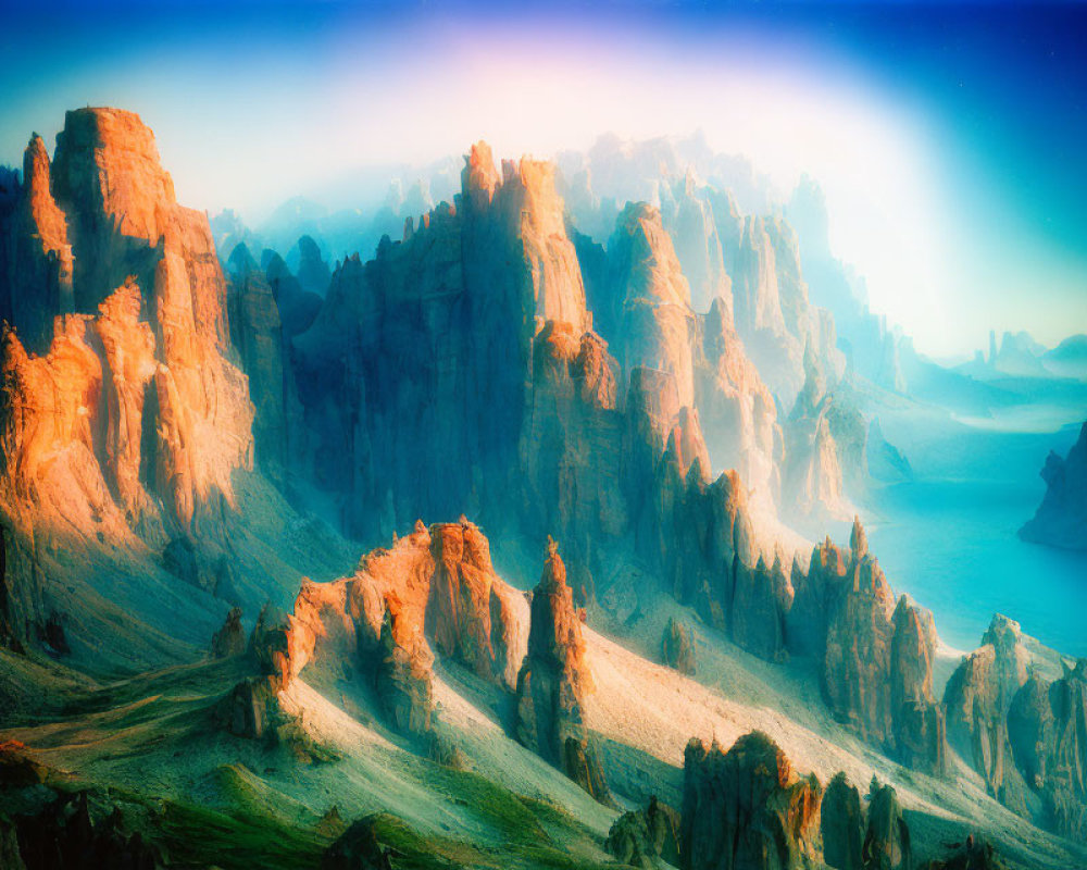 Majestic rocky peaks under gradient blue sky in surreal landscape