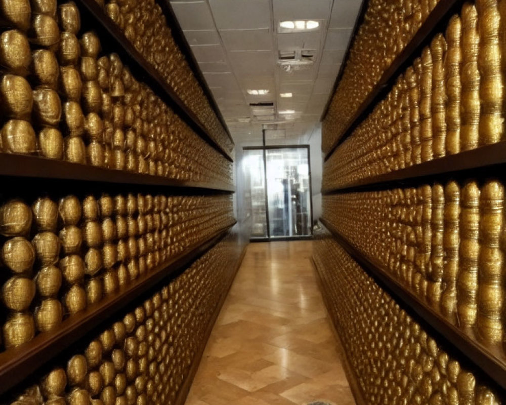 Golden Spheres Fill Shelves in Corridor with Glass Door