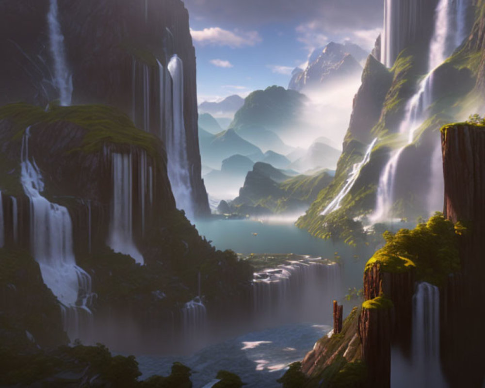 Mystical landscape with waterfalls, mountains, and river