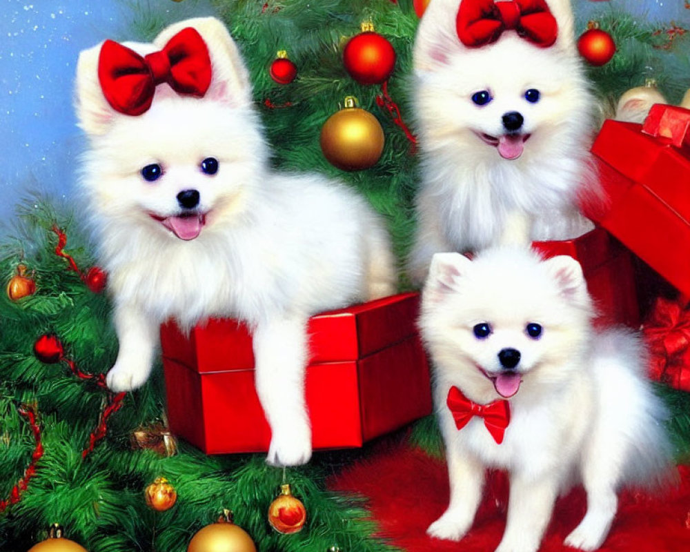 Fluffy White Dogs with Red Bows by Christmas Tree and Gifts