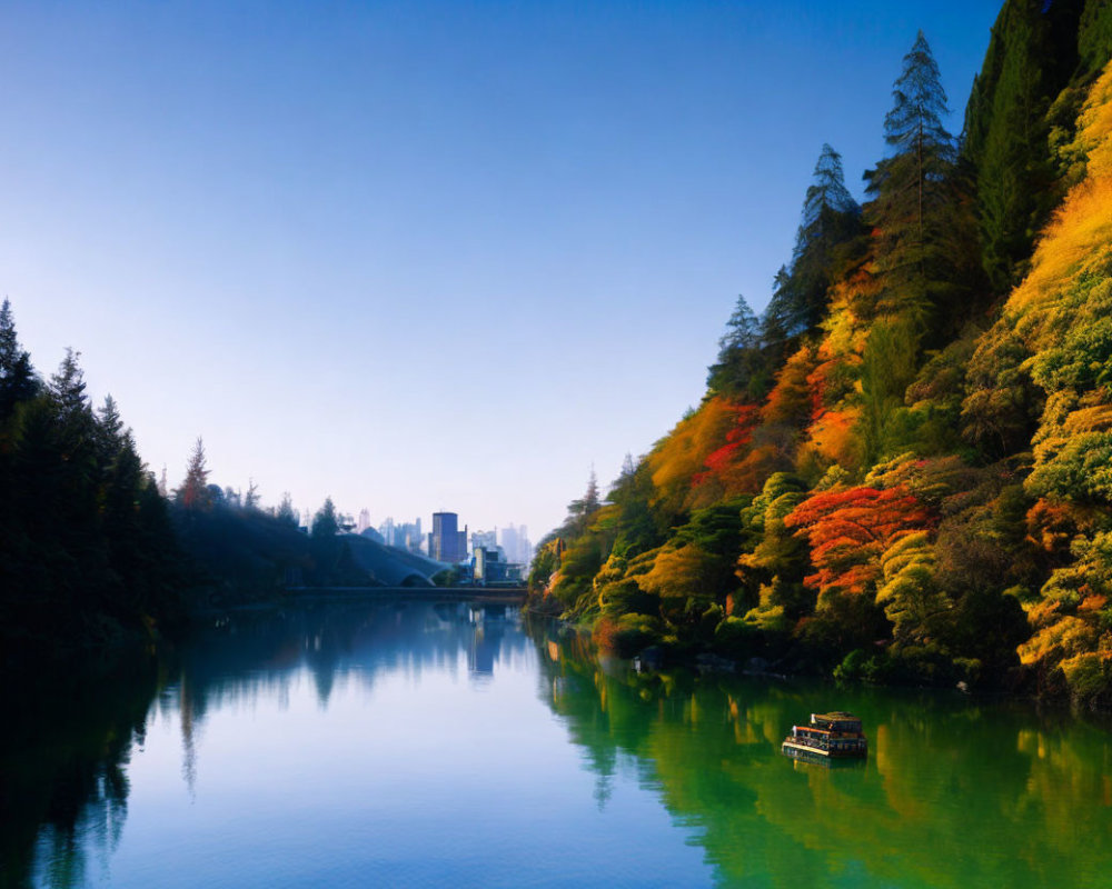 Tranquil lake with autumn trees, boat, and city skyline at dusk