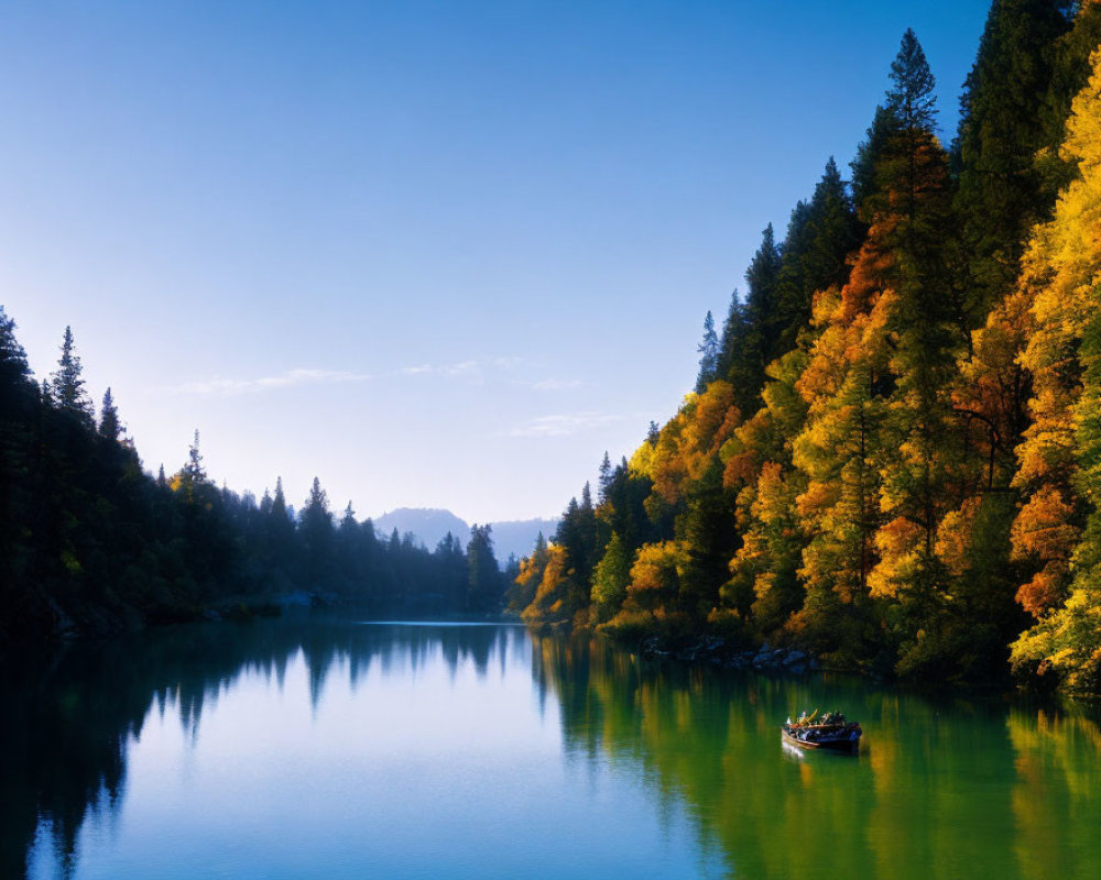 Tranquil autumn forest lake with reflections and boat